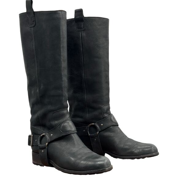 Saks Fifth Ave Harness Moto Boot SZ 40 Women's Black Leather Tall Loose Buckle - Picture 2 of 14